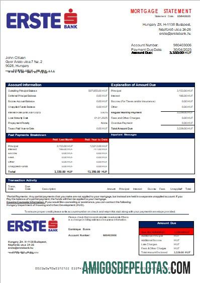 Declaração de hipoteca do Erste Bank da Hungria Scr modelo